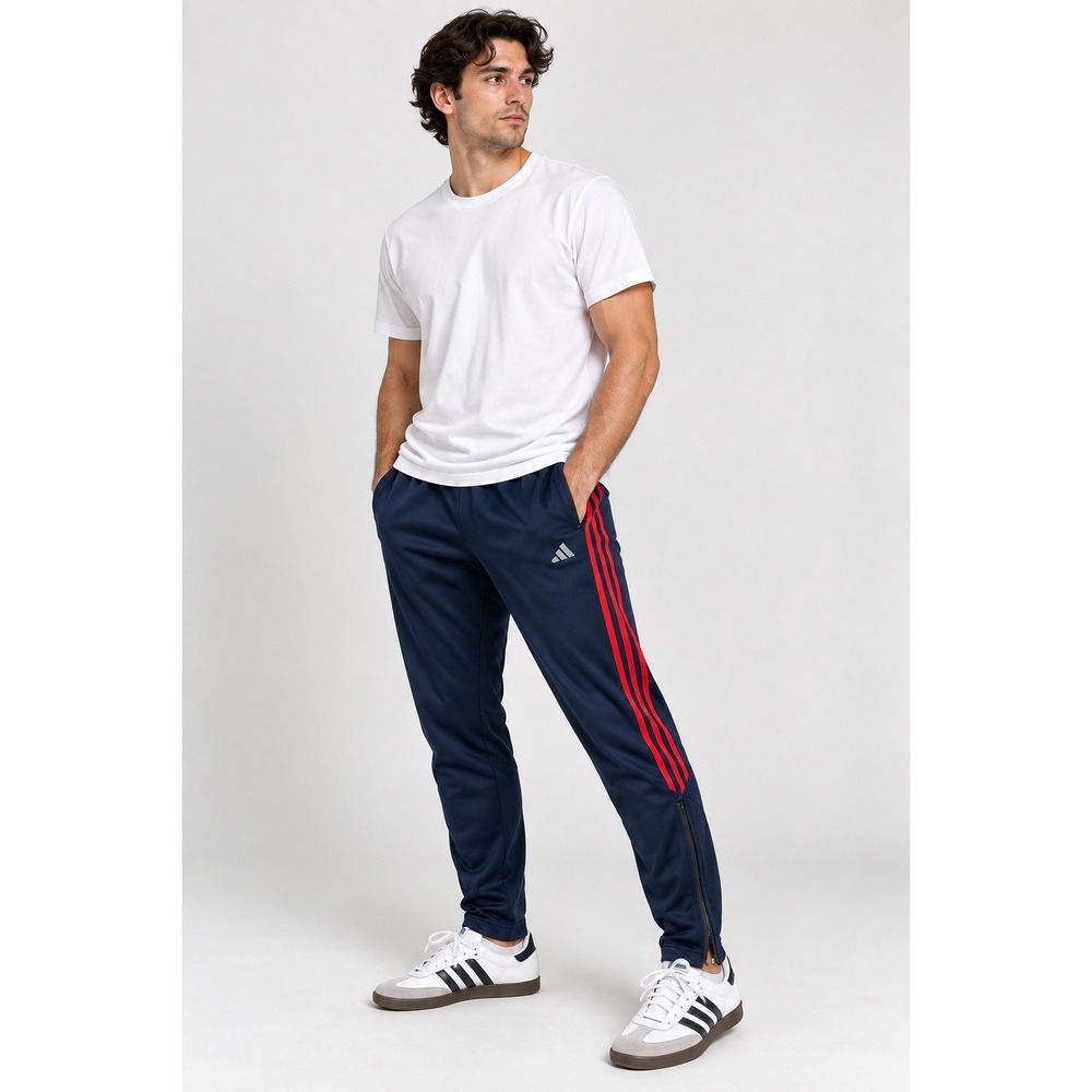 Y2K Adidas Track Pants Mens XL Navy Blue Red Vintage 3 Stripe Ankle Zip Tapered